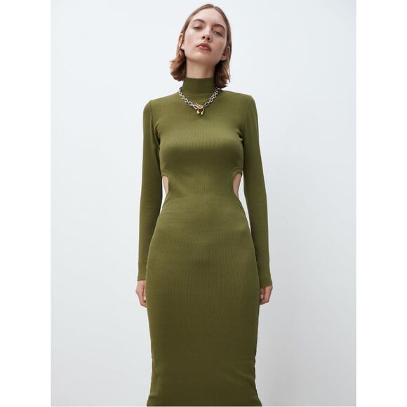Zara NWT Cut Out Rib Midi Dress in Khaki - Picture 8 of 10